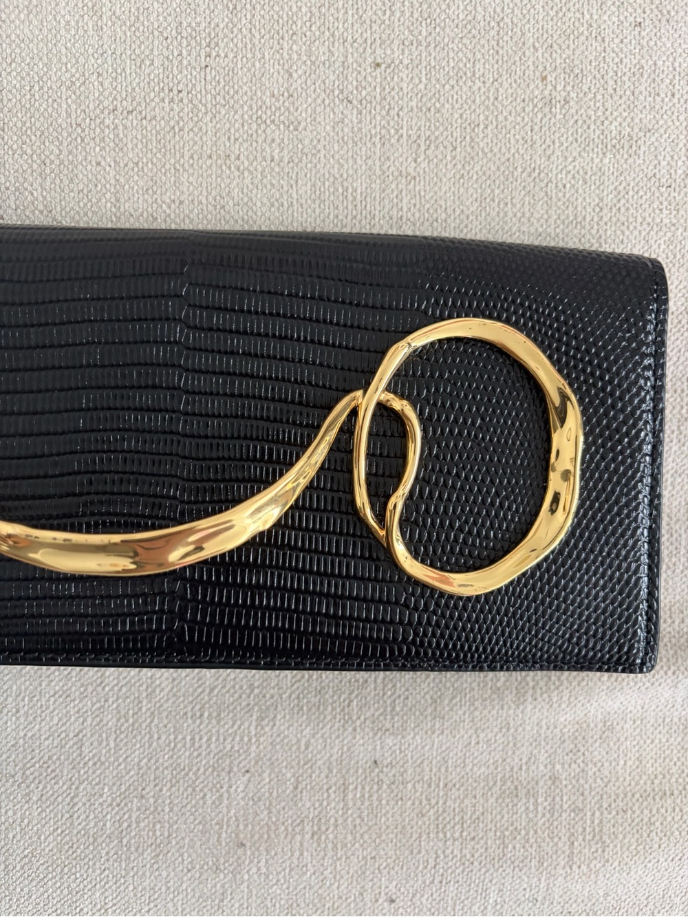 NWT Alexis Bittar Clutch | Black Lizard-Embossed Purse with Gold Metal Twist - Picture 9 of 17